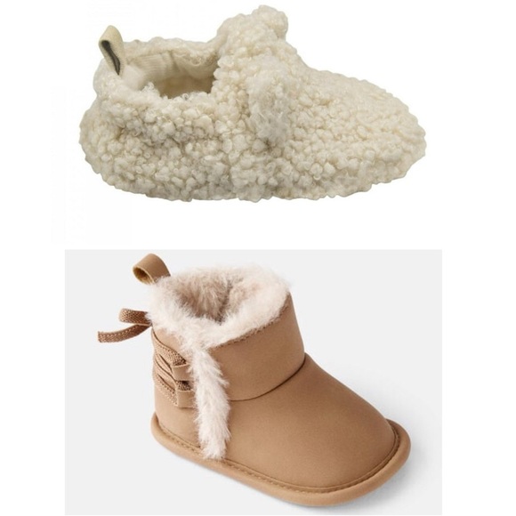 NWT Carter’s Infant Slippers- Tan/3-6M & NWT Bow Faux Fur Boots- Brown/0-3M - Picture 1 of 9